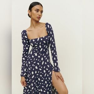 Reformation Sigmund long sleeve midi navy splatter dress DUPE size L / 10